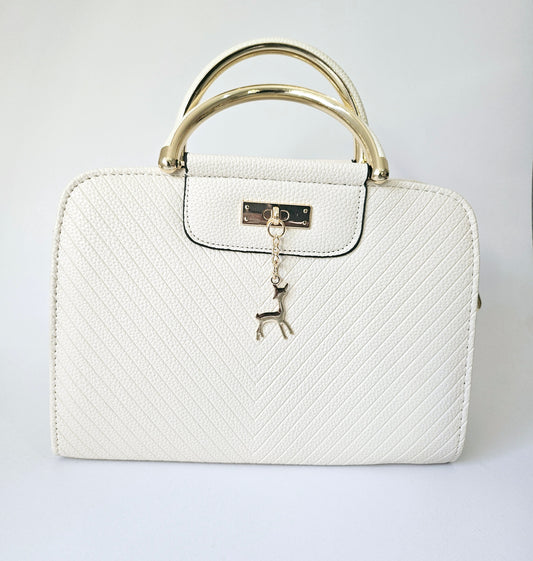 White Handbag with Deer Pendant and Golden Handles
