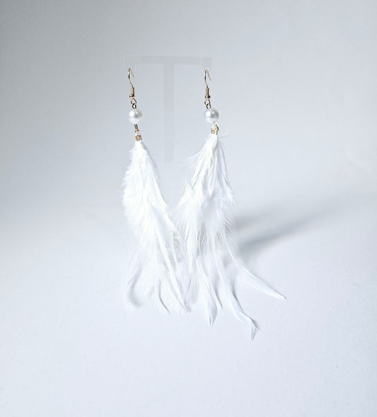 Pearl and white feather drop earring