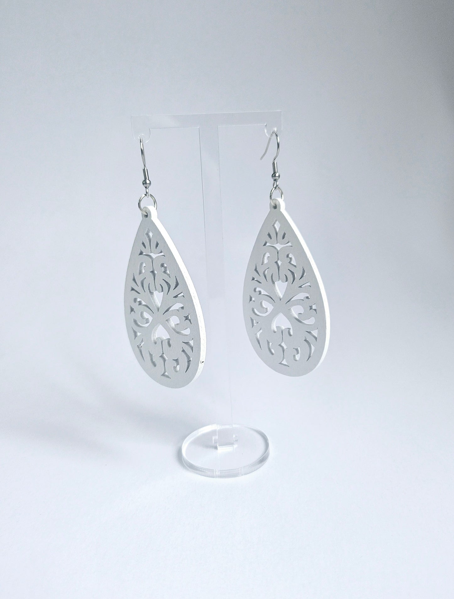 White wooden carved water drop shaped earring