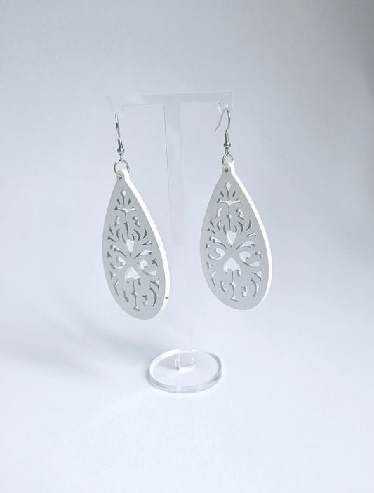 White wooden carved water drop shaped earring
