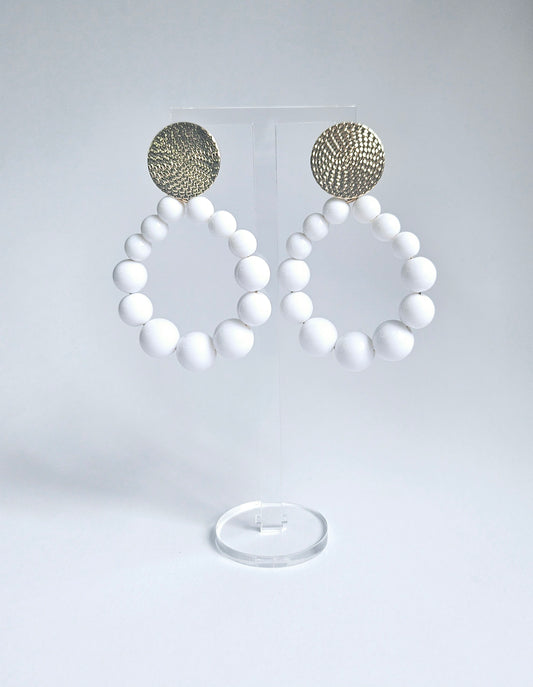 White Bead Round Drop Hoop Earring