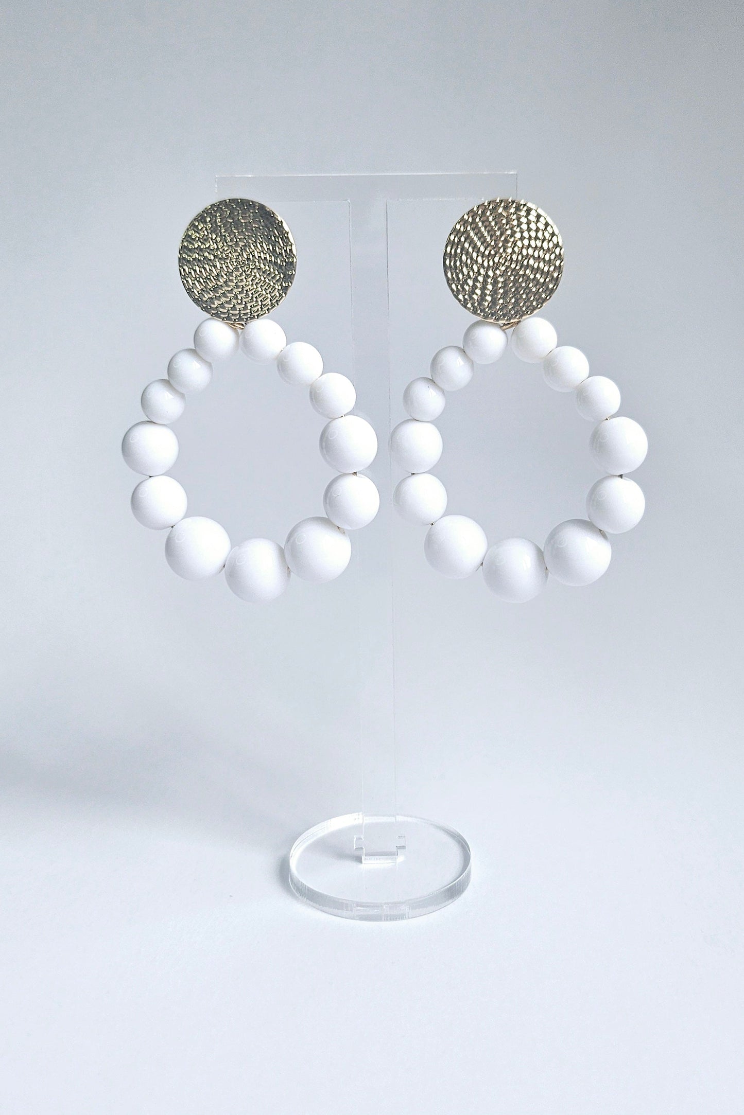 White Bead Round Drop Hoop Earring