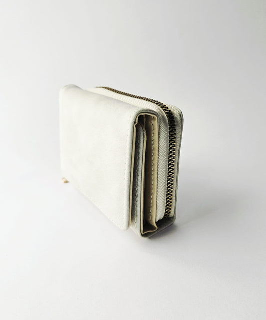 White wallet with gold zipper on a white background